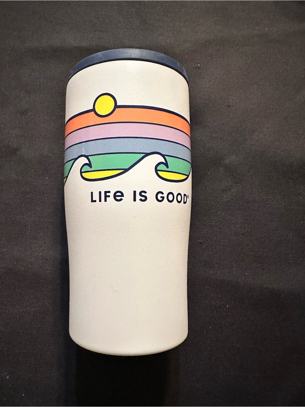 Life Is Good White Slim Can/Bottle cooler  with Navy Blue top
